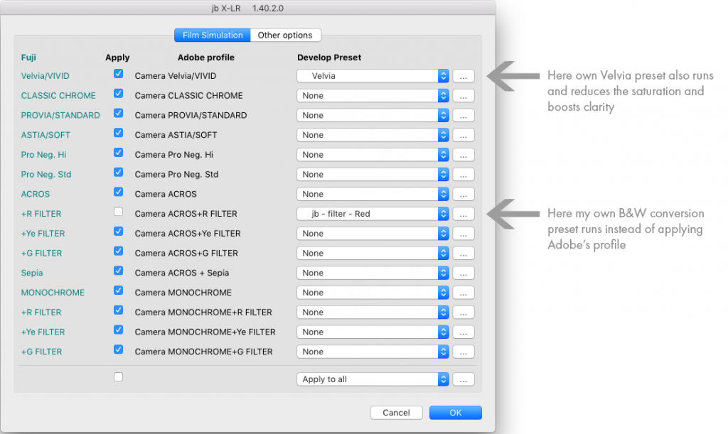 XLR Automatically apply Fuji film simulations in Lightroom